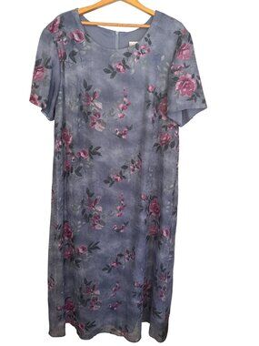 Vintage Purple Floral Dress Crinkle Mesh Womens Plus 20W 90s Modest Lined Zipper